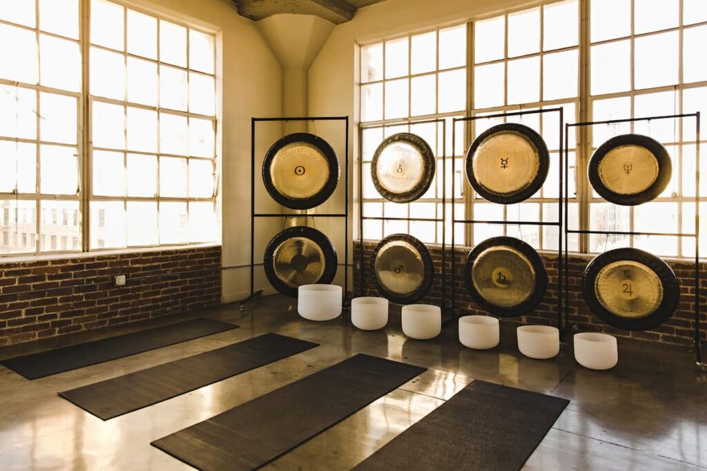 Professional multi gong and crystal singing bowl sound bath setup