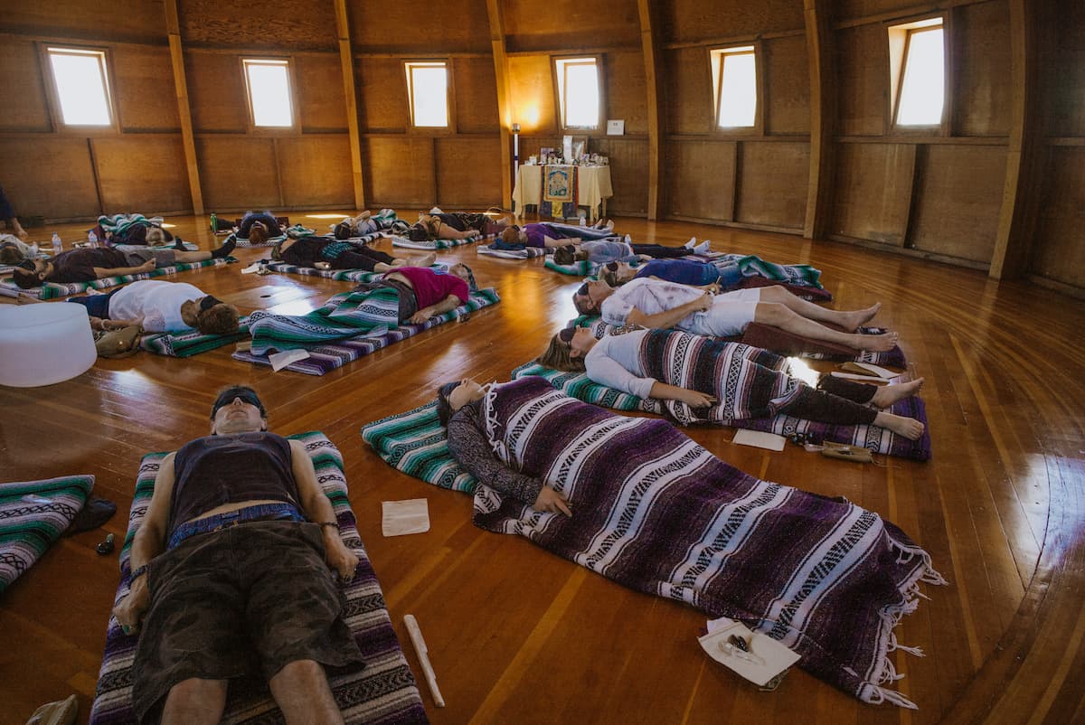 Group of people receiving sound bath at The Integratron